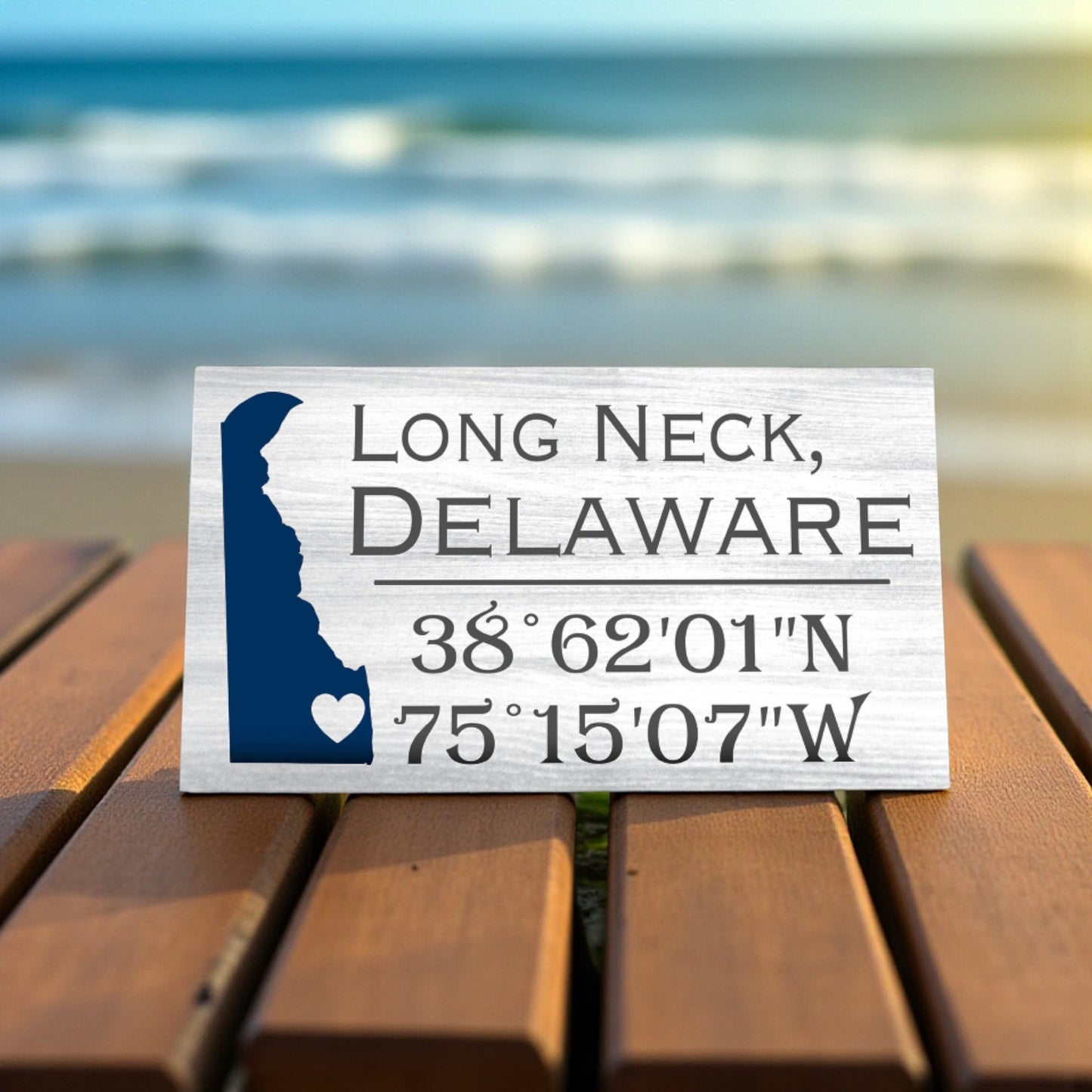 Long Neck Delaware Gifts and Souvenirs, Delaware Sign, Compass Coordinates, Beach Decor, Shelf and Wall Art, Made in USA