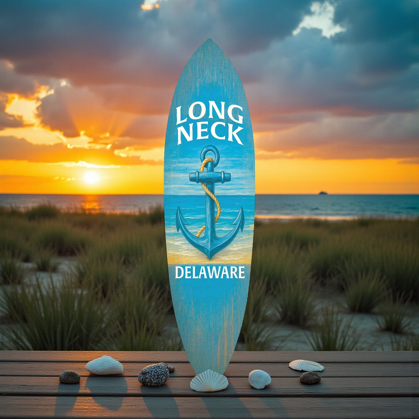 Long Neck Delaware Surfboard Wall Art - Coastal Beach House Decor, Weather-Resistant PVC Indoor Outdoor