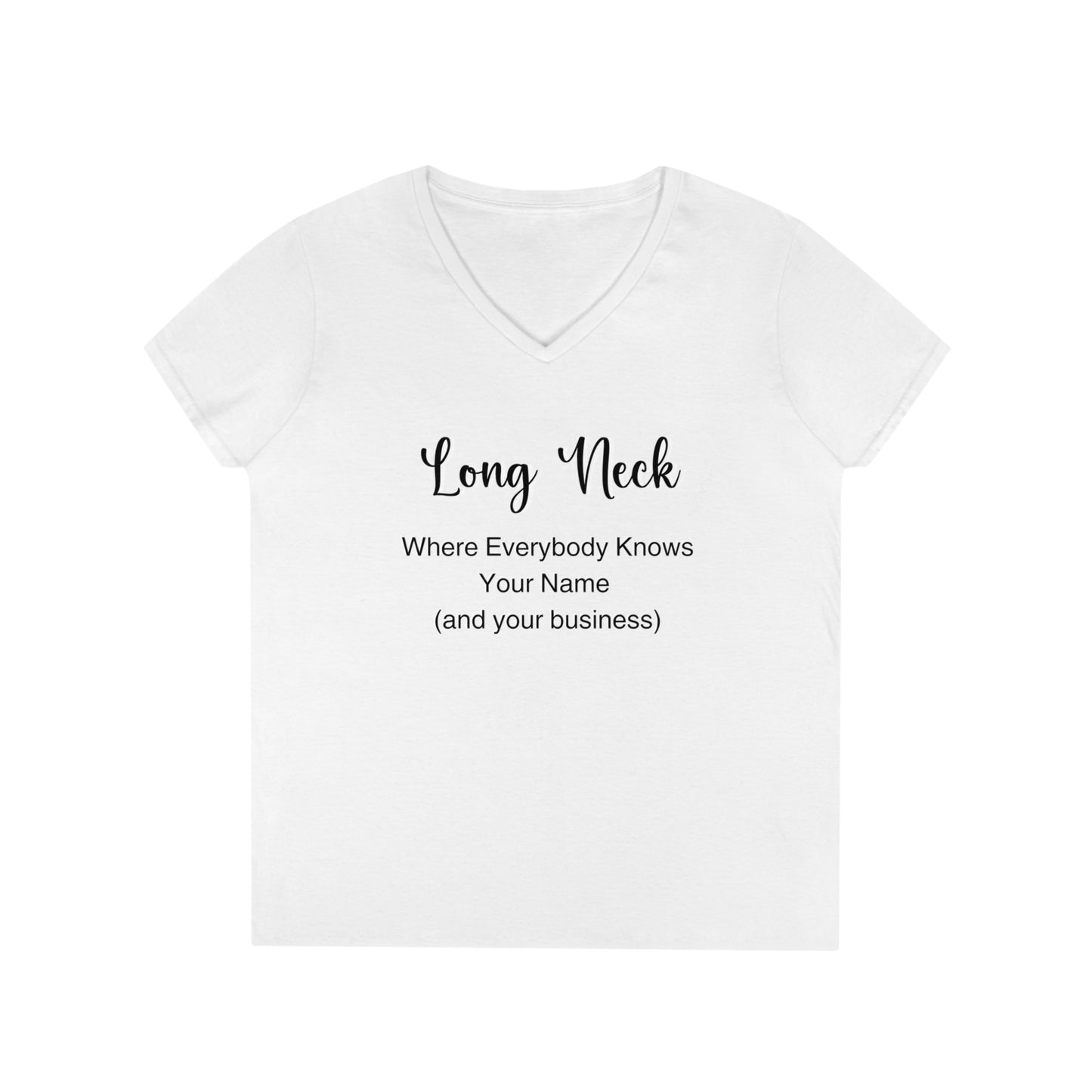 Long Neck, Delaware T Shirt, Where Everyone Knows Your Name and Your Business Ladies' V-Neck T-Shirt