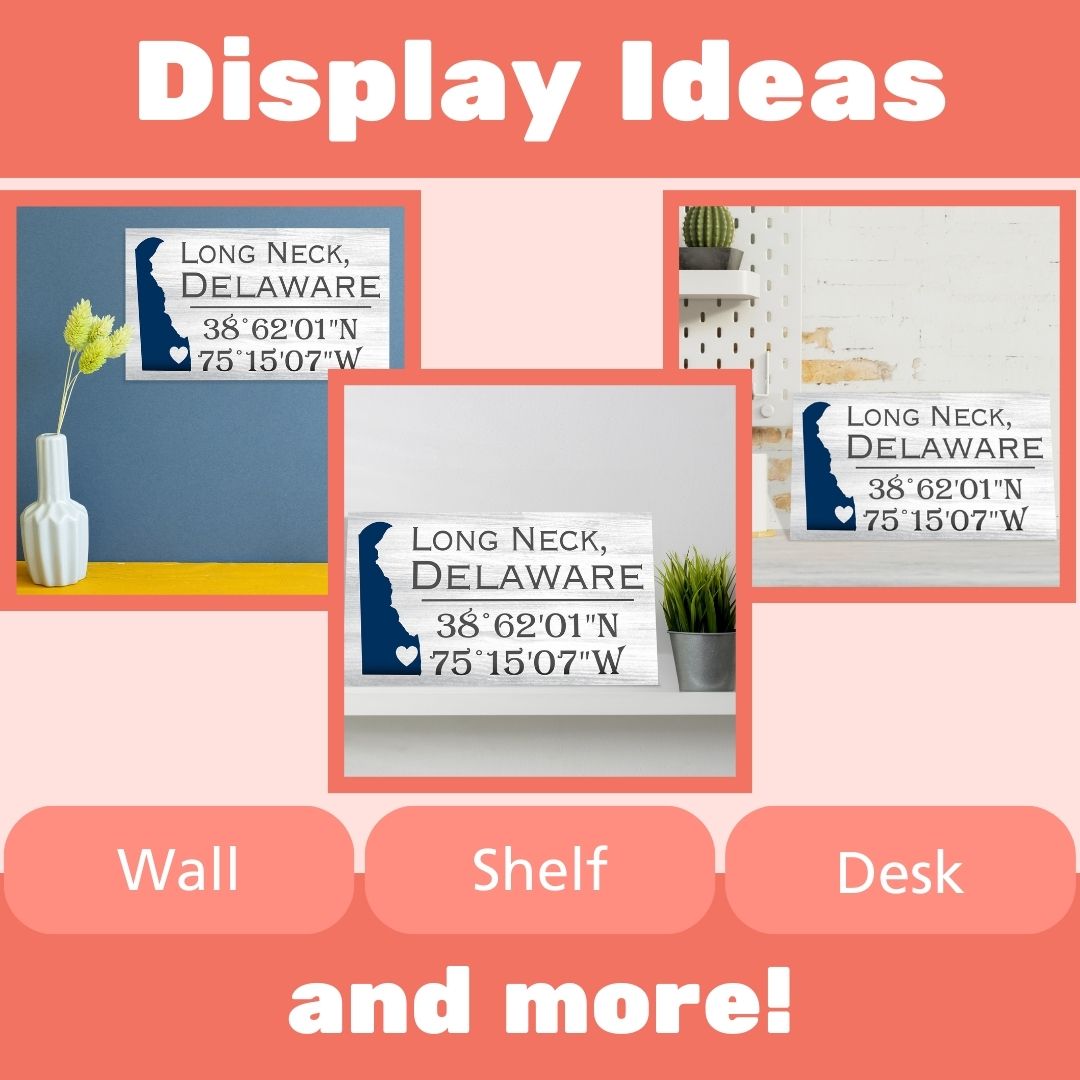Long Neck Delaware Gifts and Souvenirs, Delaware Sign, Compass Coordinates, Beach Decor, Shelf and Wall Art, Made in USA
