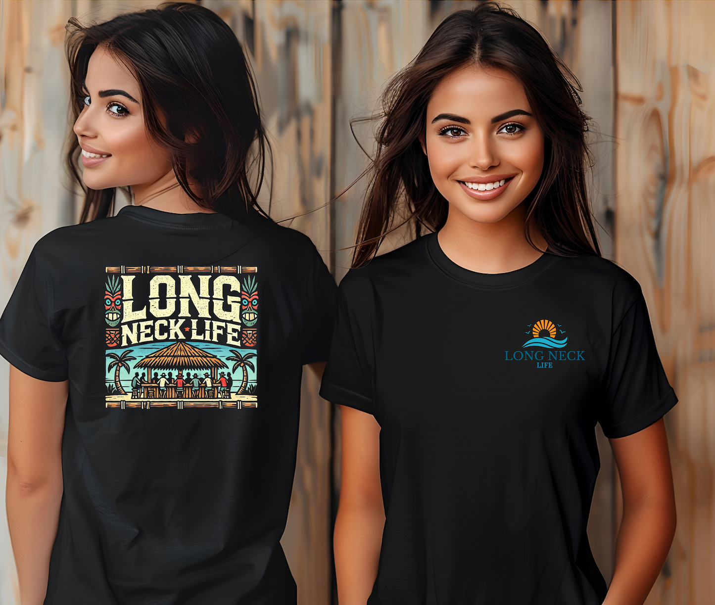 Long Neck Life Tshirt Featuring a Tiki Bar