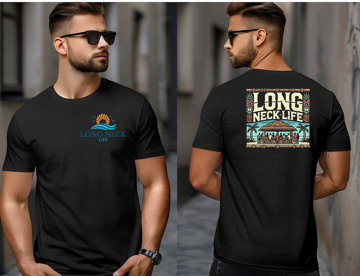 Long Neck Life Tshirt Featuring a Tiki Bar