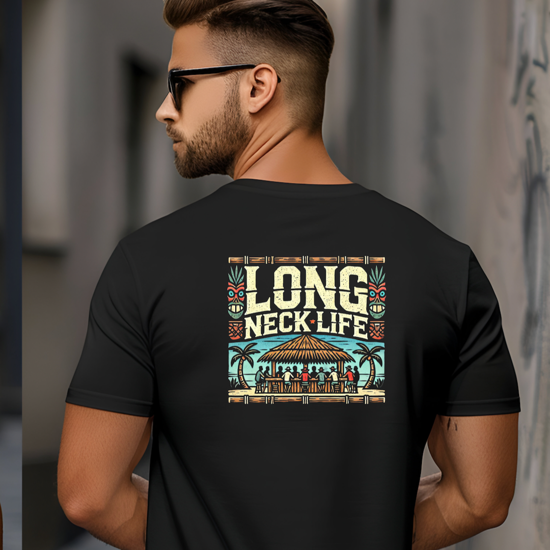 Long Neck Life Tshirt Featuring a Tiki Bar