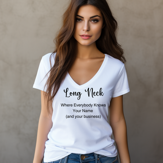 Long Neck, Delaware T Shirt, Where Everyone Knows Your Name and Your Business Ladies' V-Neck T-Shirt