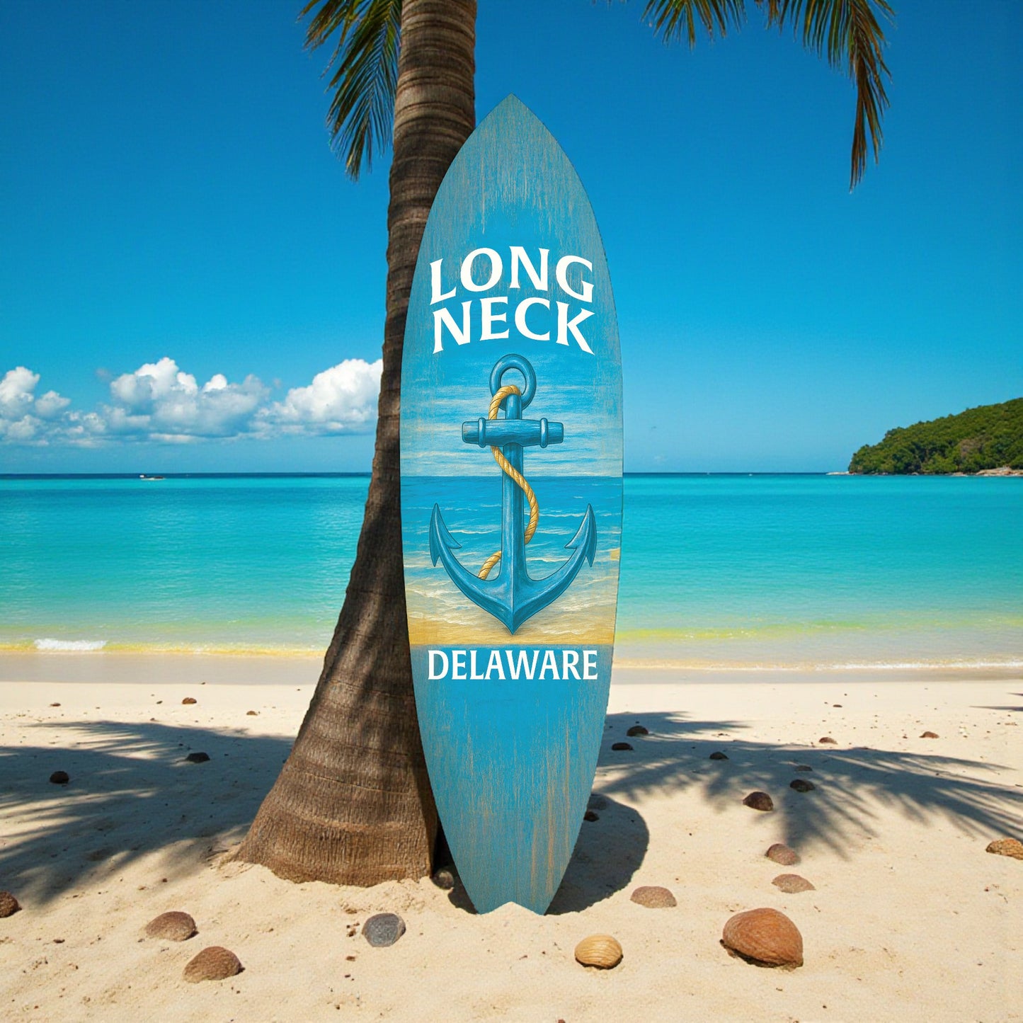 Long Neck Delaware Surfboard Wall Art - Coastal Beach House Decor, Weather-Resistant PVC Indoor Outdoor