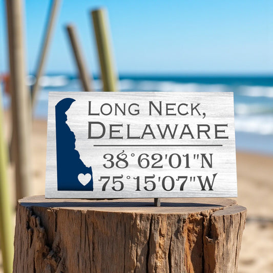 Long Neck Delaware Gifts and Souvenirs, Delaware Sign, Compass Coordinates, Beach Decor, Shelf and Wall Art, Made in USA